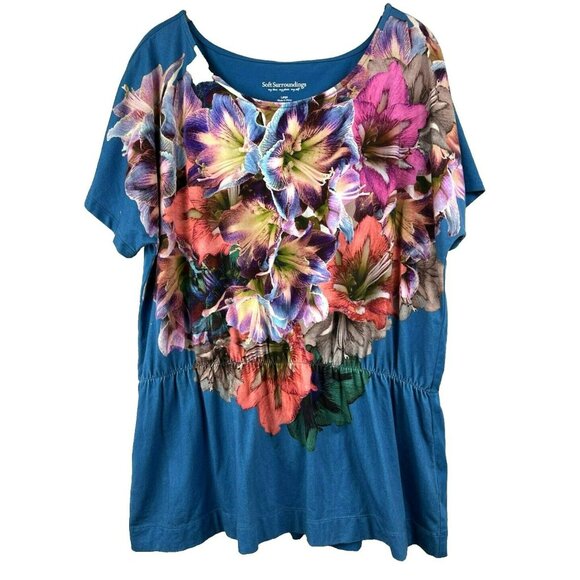 Soft Surroundings Tops - Soft Surroundings Top Blouse L Floral Tropical Colorful Artsy Cap Sleeve Waist